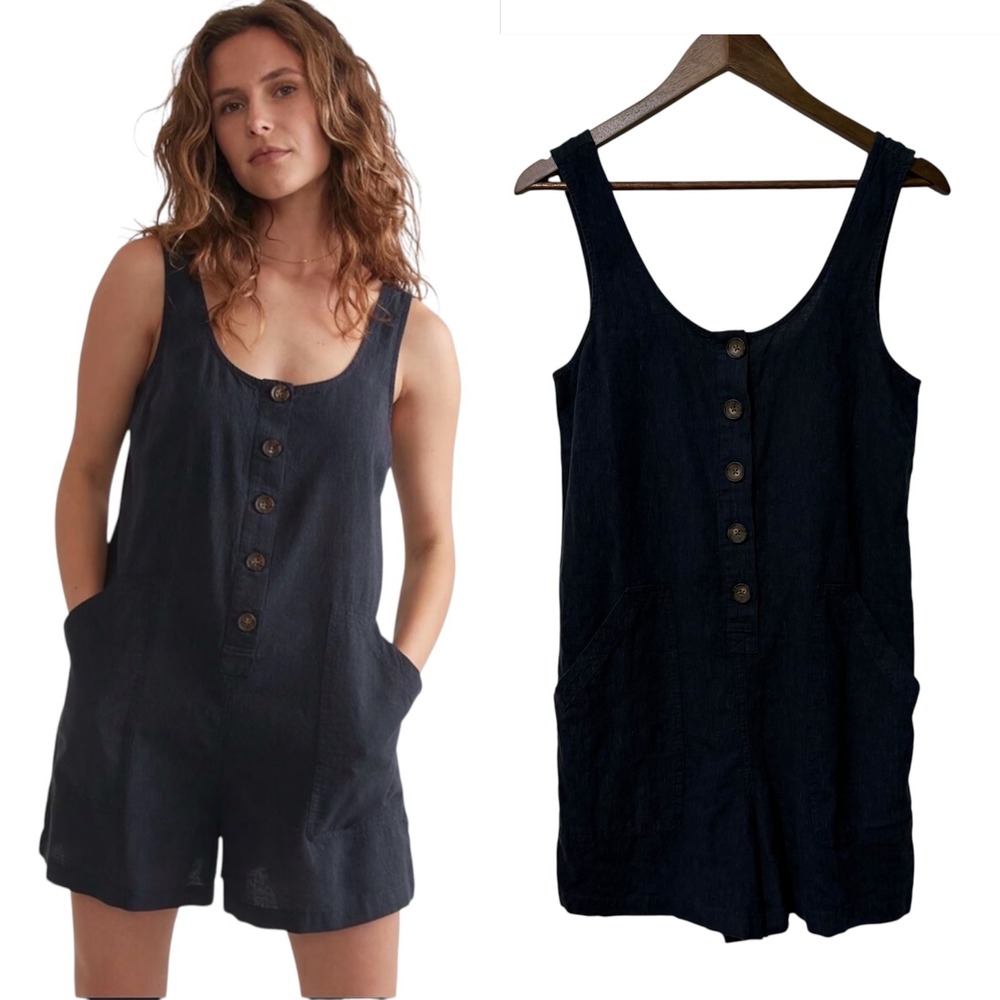 Marine Layer Romper Women XS Linen Sydney Button Pocket Shortalls Relaxed Casual